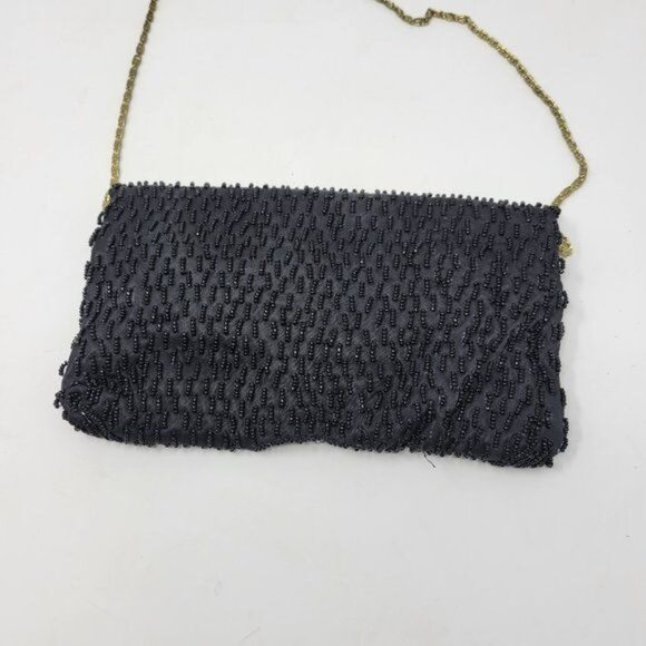 Vintage Black Beaded Evening Clutch With Gold Chain Strap - Picture 4 of 10